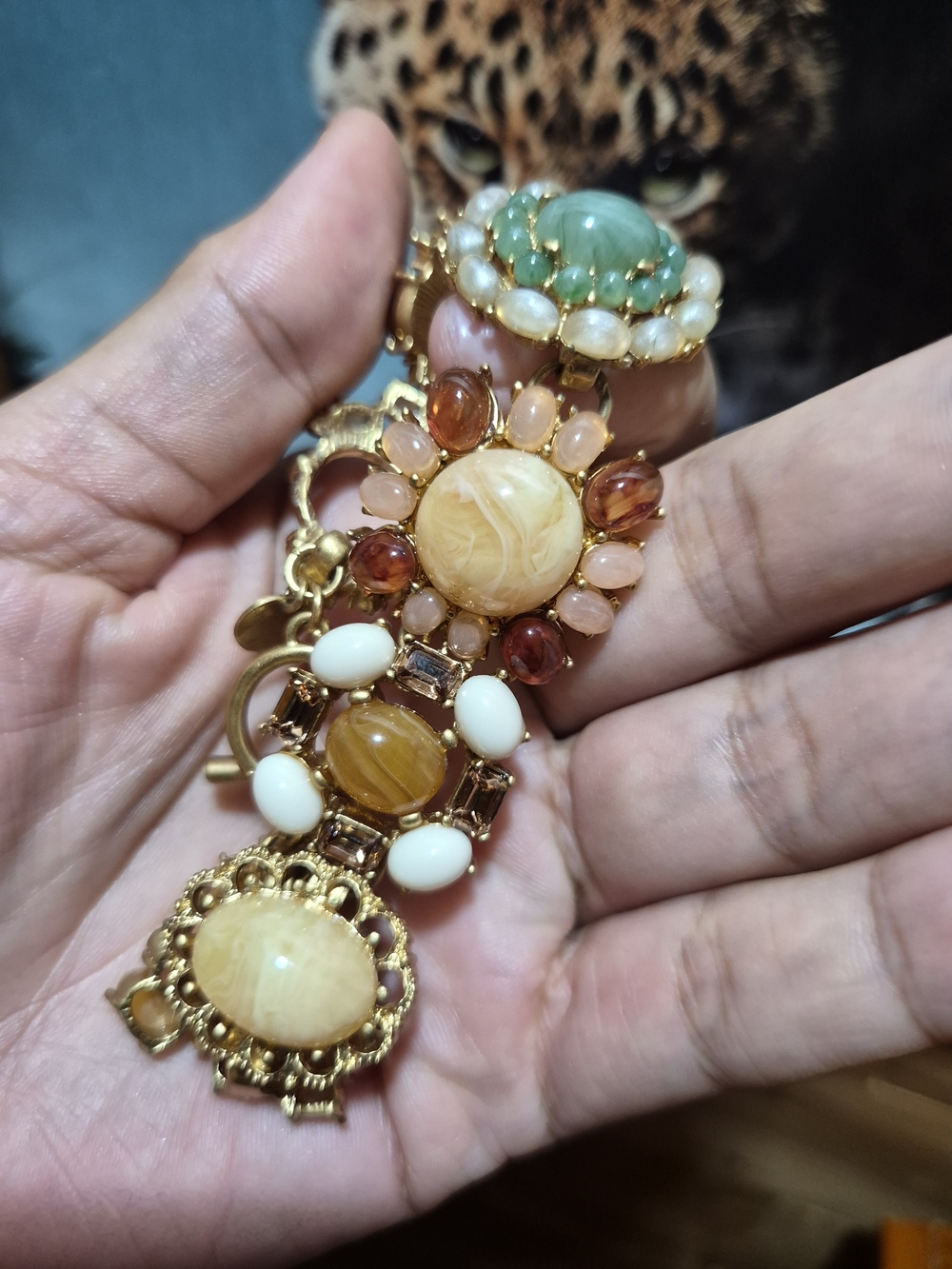 Vintage Gold Bracelet with Cream, Amber, White and Green Stones